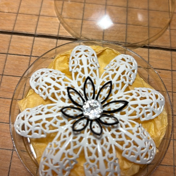 MCM Brooch White Enamel Filigree Black Flower Clear Gem Center Rolling Pin Clasp - Picture 12 of 12